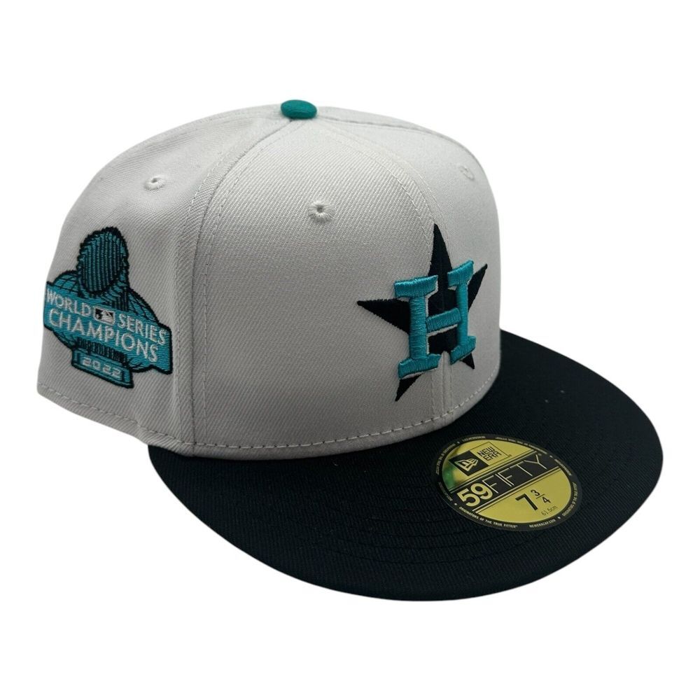 New Era 59Fifty Houston Astros Hat Cap 7 3/4 White Teal 2022 World Series Patch